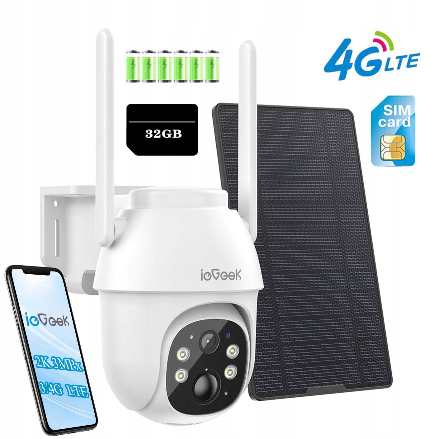 Venkovní solární otočná kamera Gsm 3G 4G Lte Sim 2K 3MPx 32GB Karta