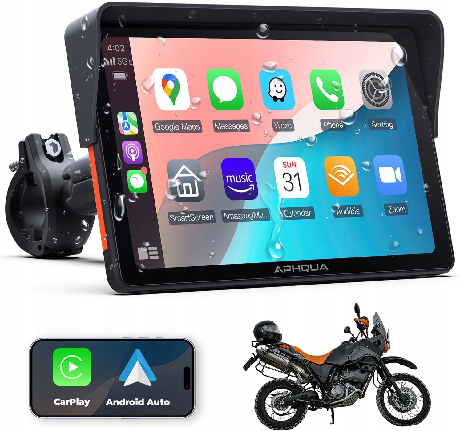 Aphqua A722 Prenosný motocyklový displej 7" CarPlay Android Auto Siri Gps