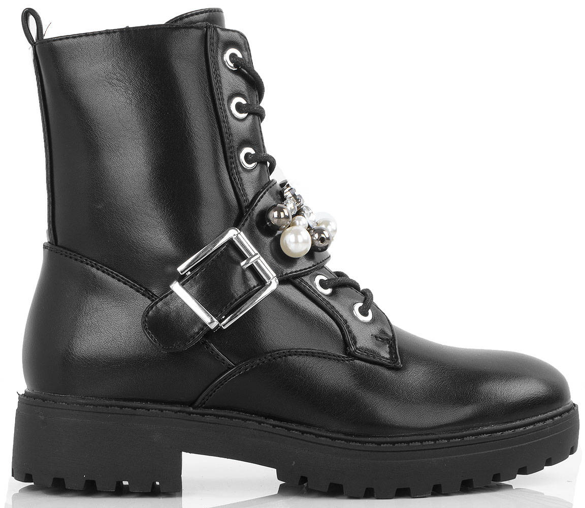 

6759 Czarne Botki Glany Z Perełkami Ekoskóra 39