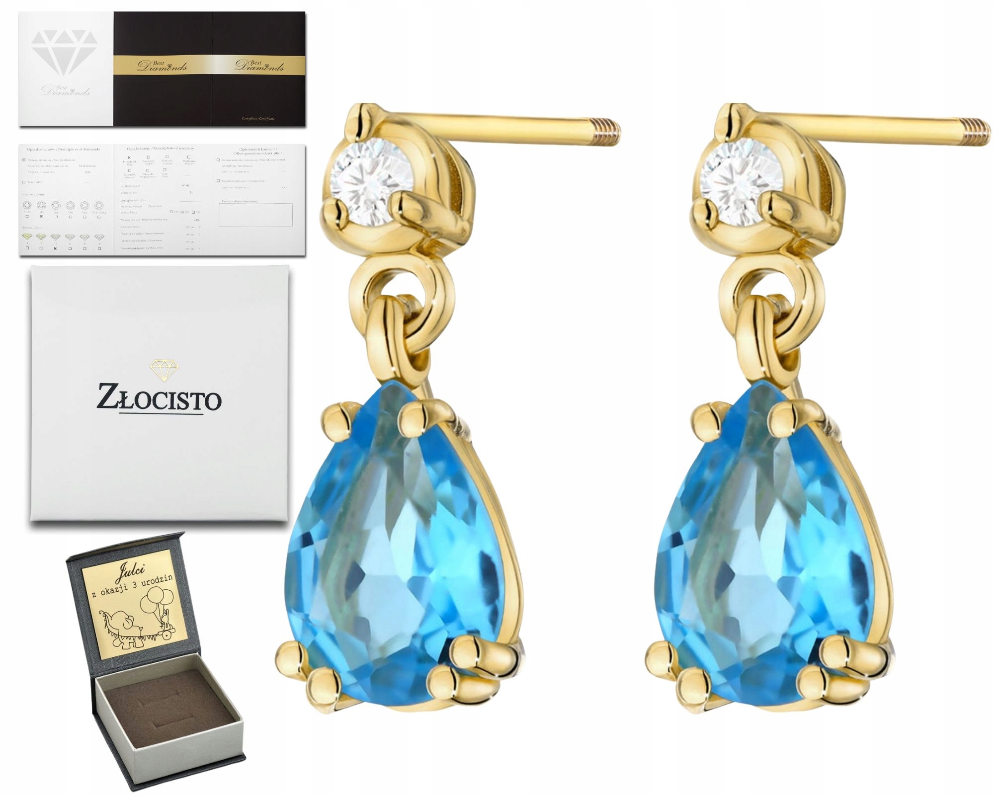 Zlaté Náušnice S Topazem A Diamanty 585 Šroubovací Tyčinka Gravírování Dárek