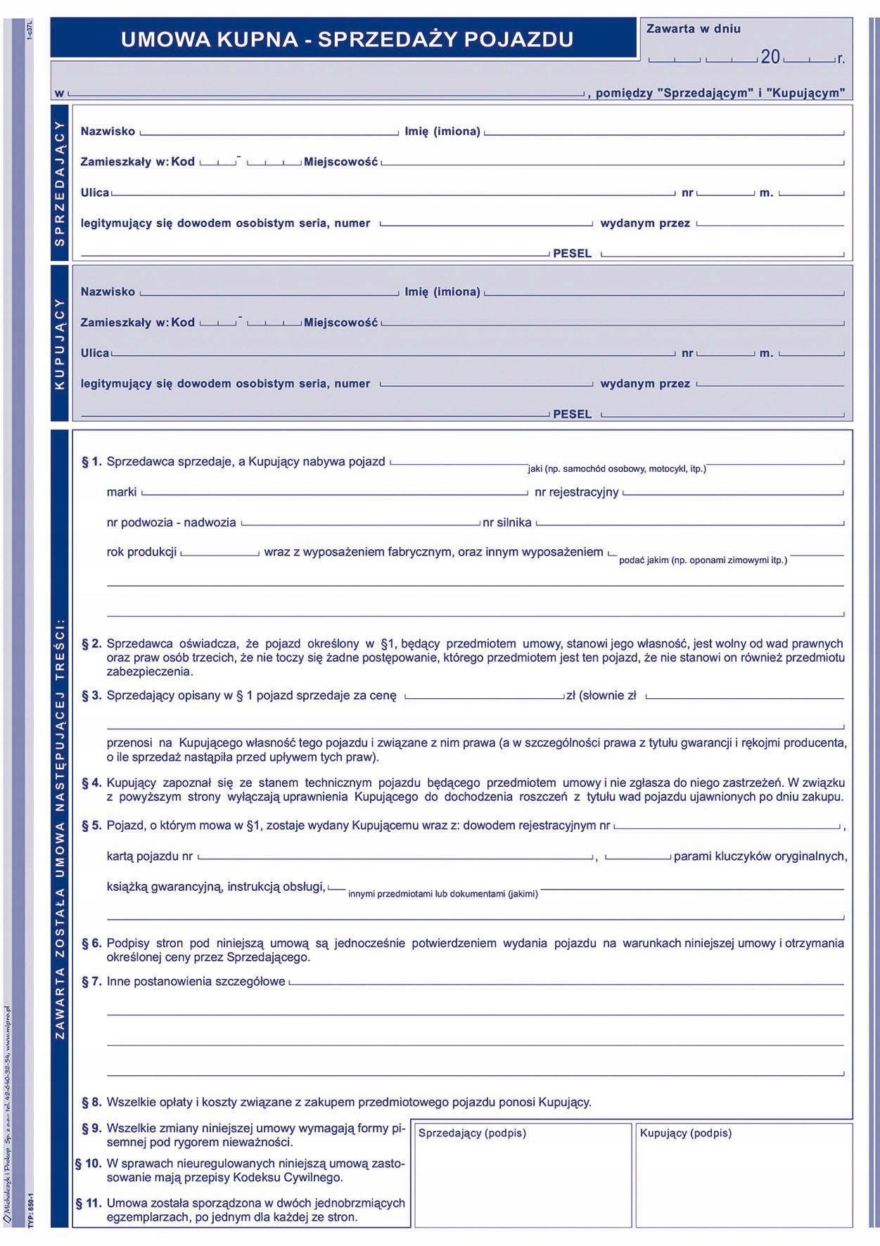 Umowa kupna-sprzedaży pojazdu A4, typ 650-1 Marka Michalczyk i Prokop