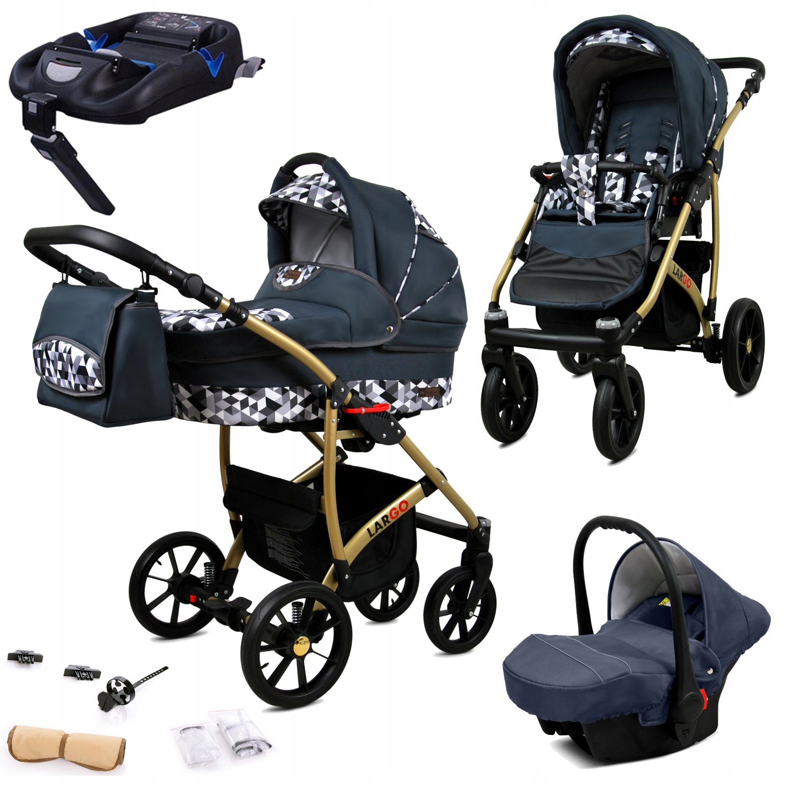 Wózek 4w1 BabyLux Largo spacerówka gondola fotelik samochodowy baza Isofix