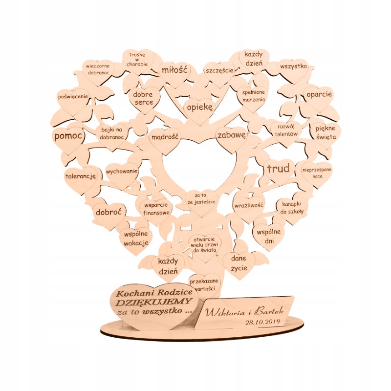 Poděkování rodičům, gravírování stromu-srdce