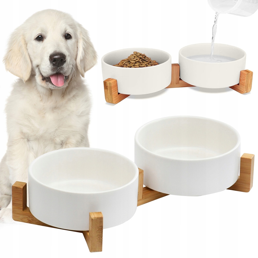 Misky Pro Psa Kočku Dvojité Na Bambusovém Stojanu, Keramické, Bílé, Komplet