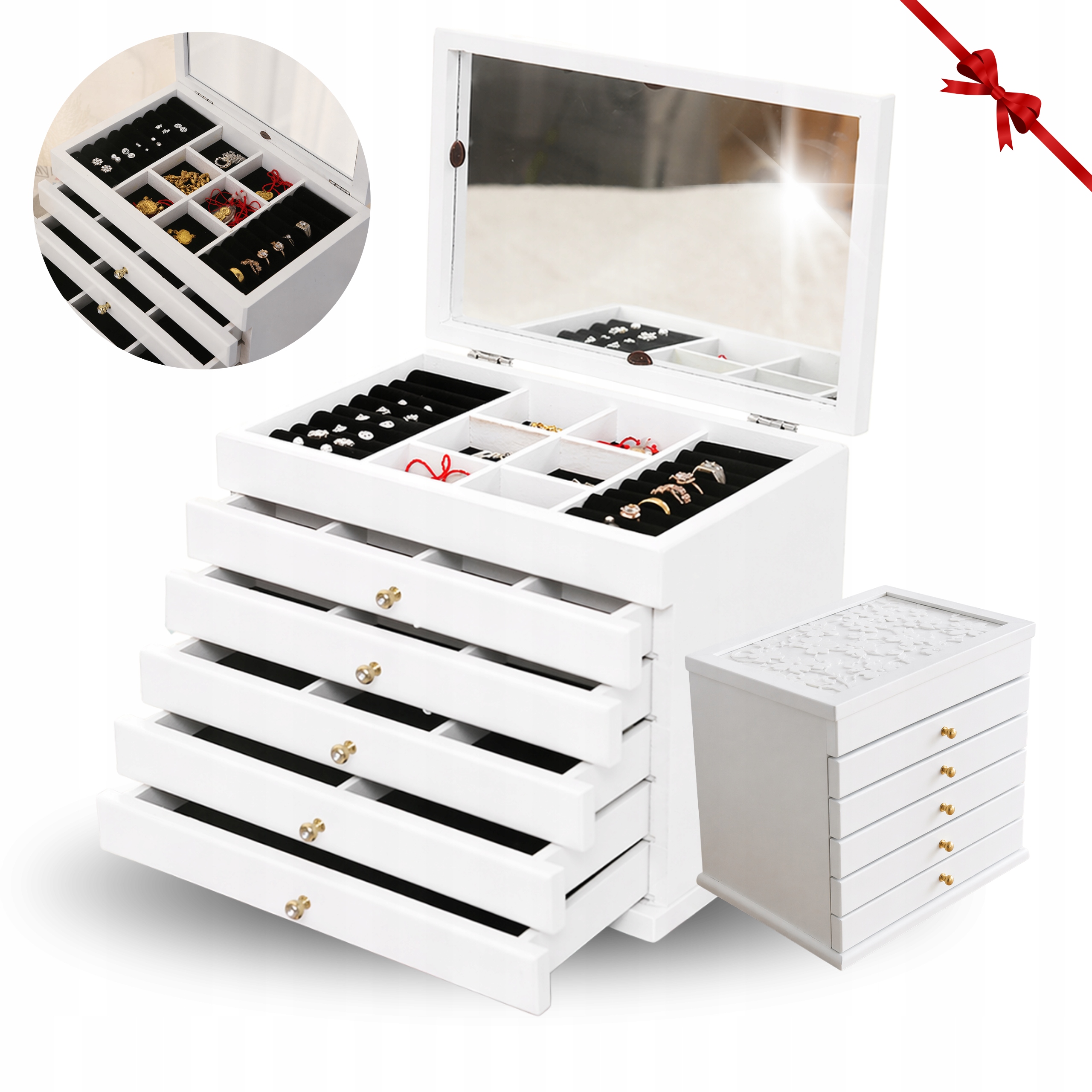 Krabička Kufřík Organizér Na Šperky Dřevěný Bílý Se Zrcátkem Box