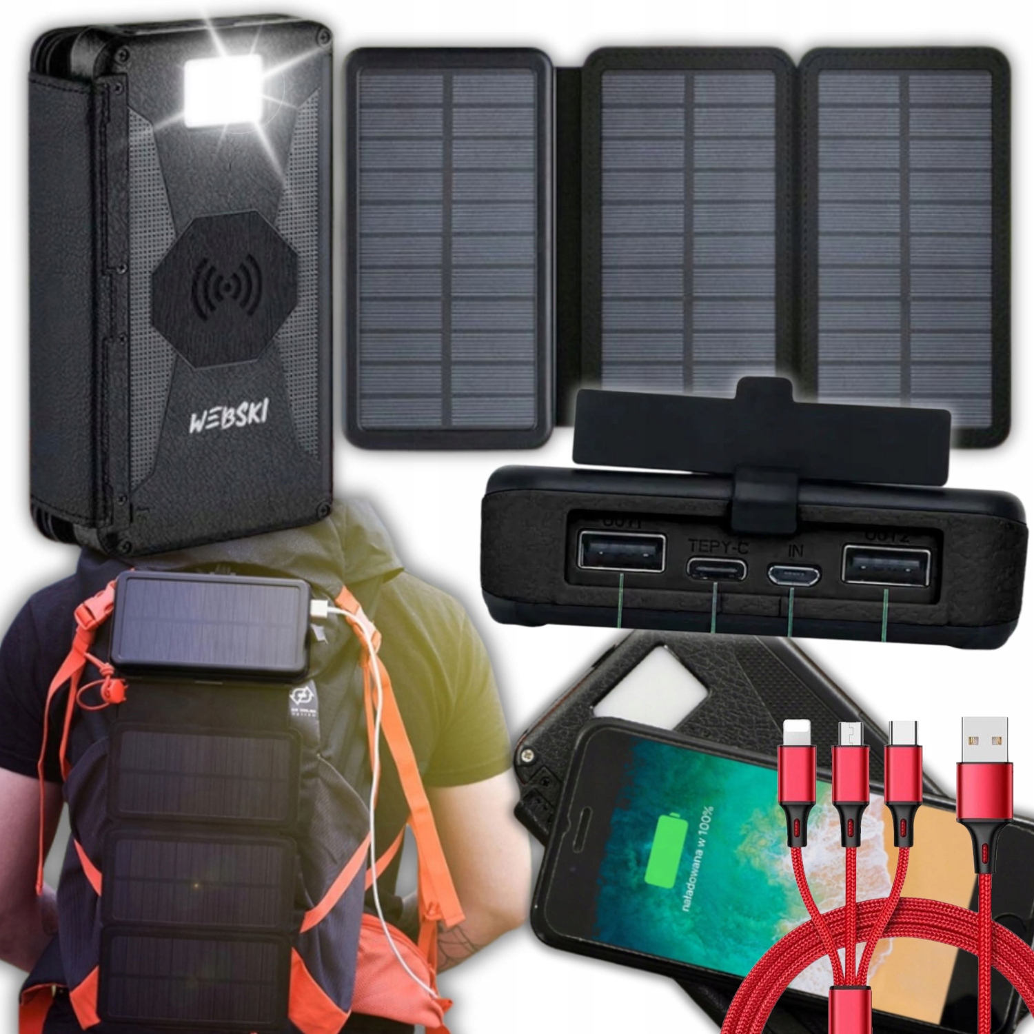 Solární Powerbanka 16000 mAh Bezdrátová Indukční Nabíječka Kabel 3V1