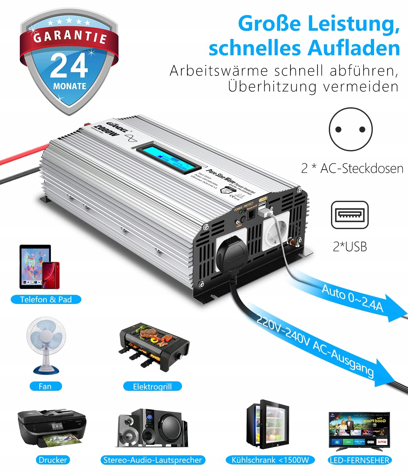 Giandel Przetwornica sinusoidalna 2000 W, Dc 12 V Marka Inna