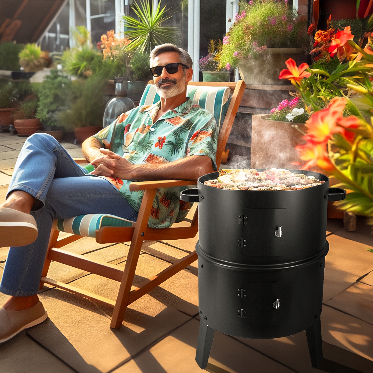 GRILL WĘDZARNIA OGRODOWY WĘGLOWY PALENISKO 3W1 TERMOMETR 3 RUSZTY Głębokość grilla 41 cm