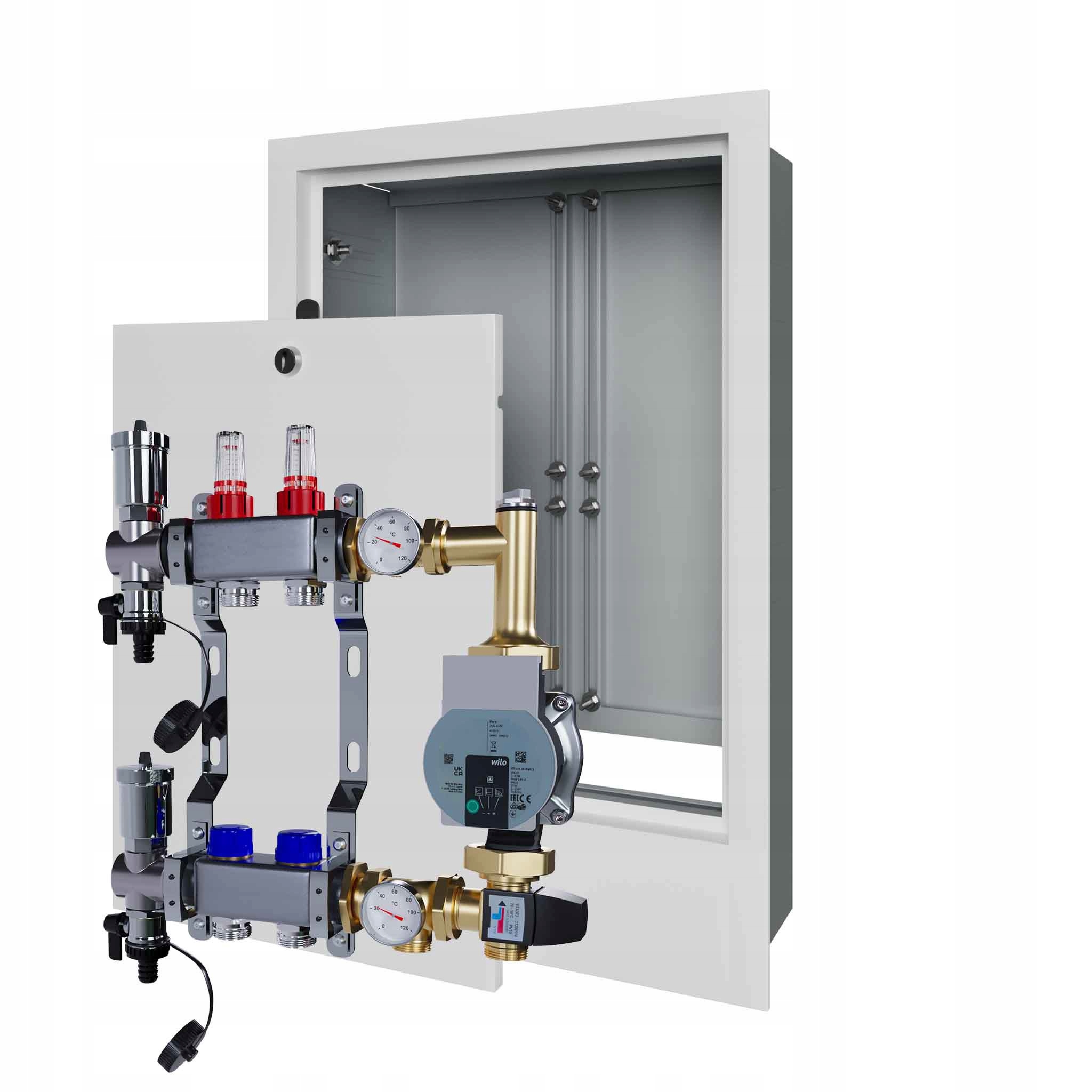 Nerezový rozdělovač pro podlahovku 2 čerpadla Wilo a podomítkový box