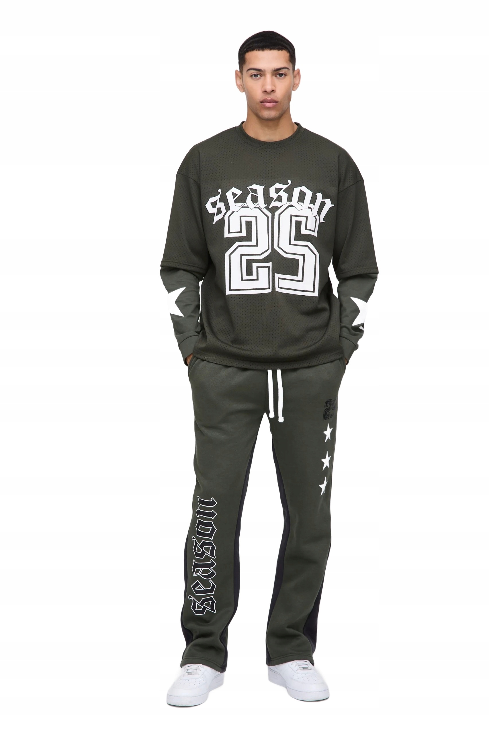 Boohooman Pánská Tepláková Souprava Khaki S Potiskem A Hvězdami S Z3A