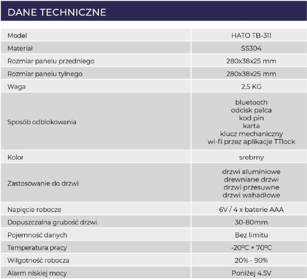Zamek HATO TB-311 klamka zewnętrzna 3 karty Seria 311