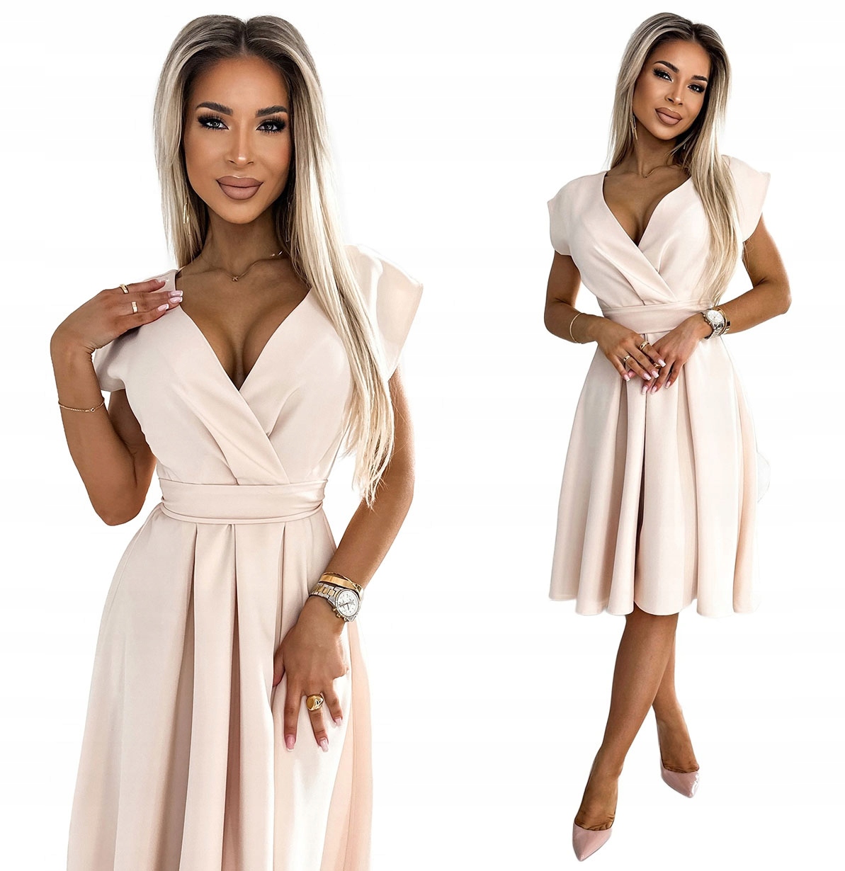 Rozkládací Šaty S Hlubokým Výstřihem, Zavazování V Pase, Béžová, Velikost 2XL