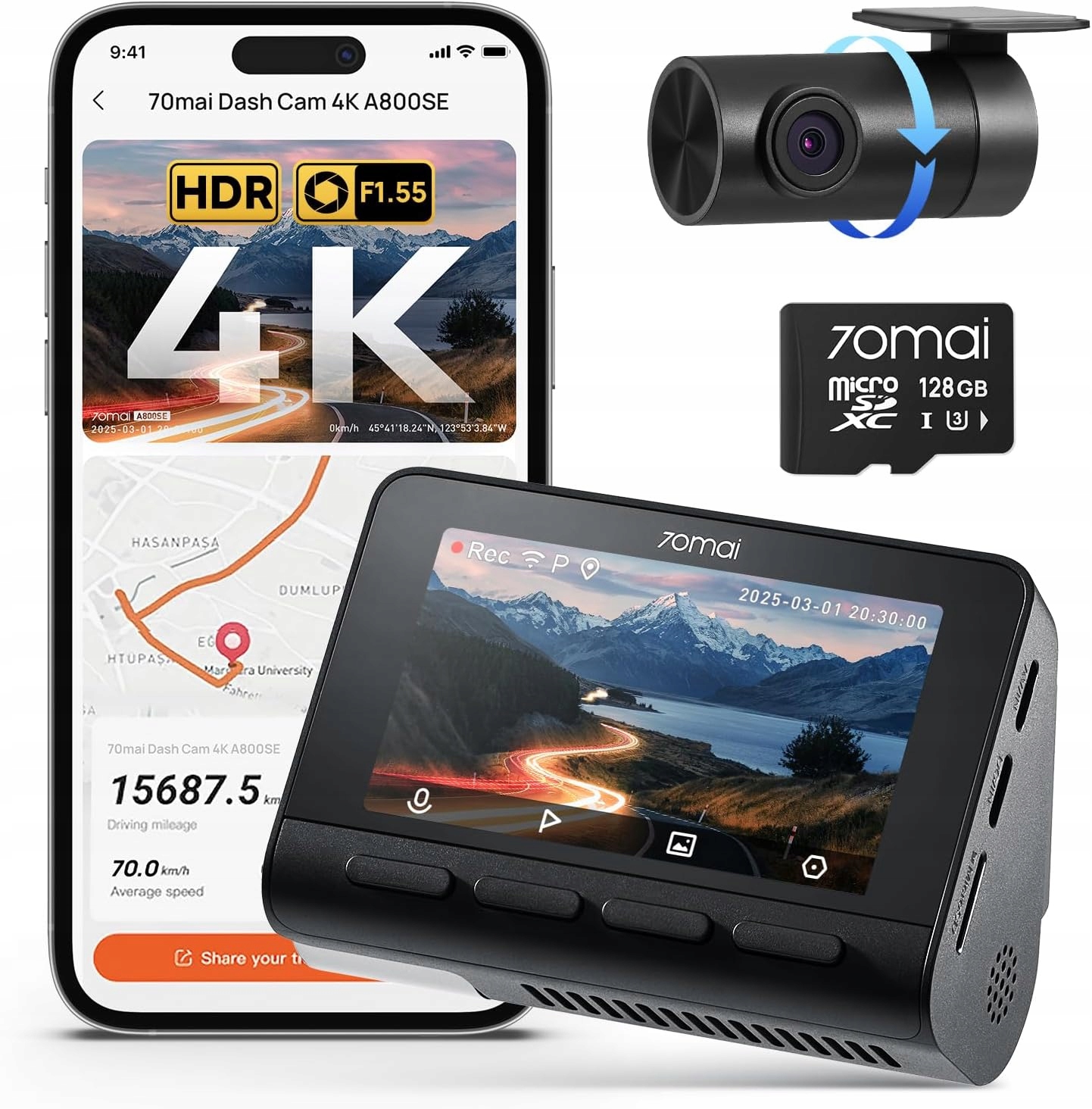 70mai A800SE 4K predná zadná automobilová kamera s Gps WiFi Sd 128 Gb 24/7