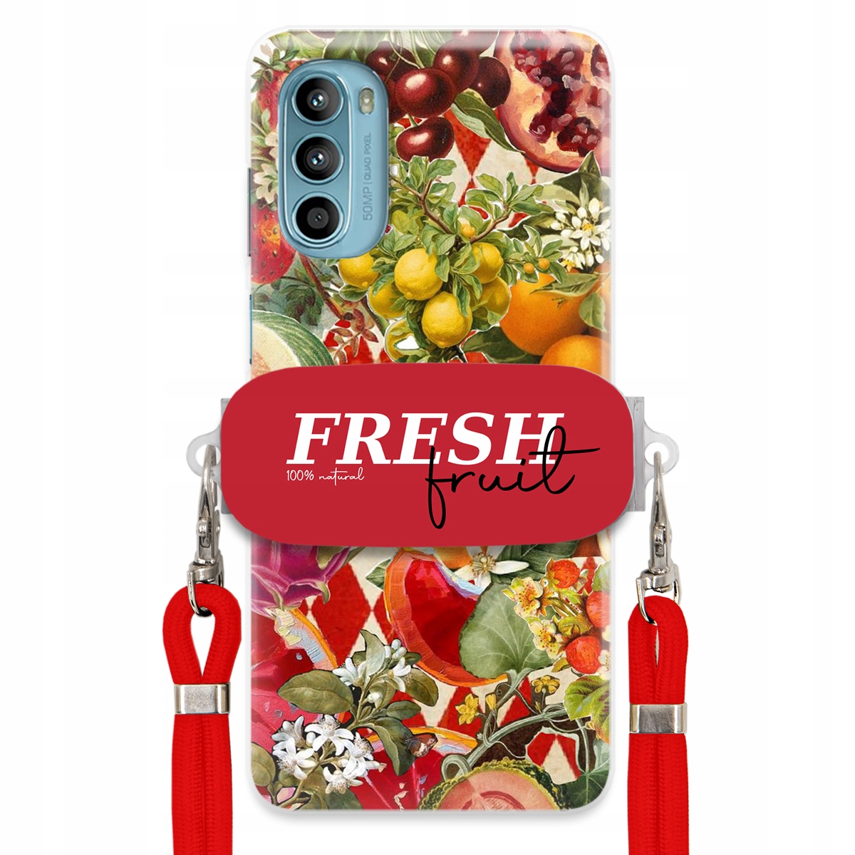 Puzdro pre Motorola G52 Červené Crossbody vodítko držiak Fresh Fruit Ovocné