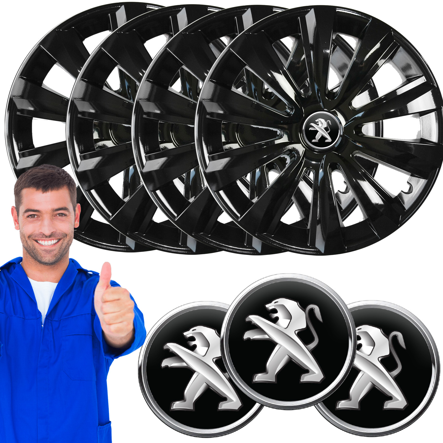 NOWOCZESNE CZARNE KOŁPAKI 15" DO PEUGEOT + KOMPLET ZNACZKÓW DEKIELKÓW!