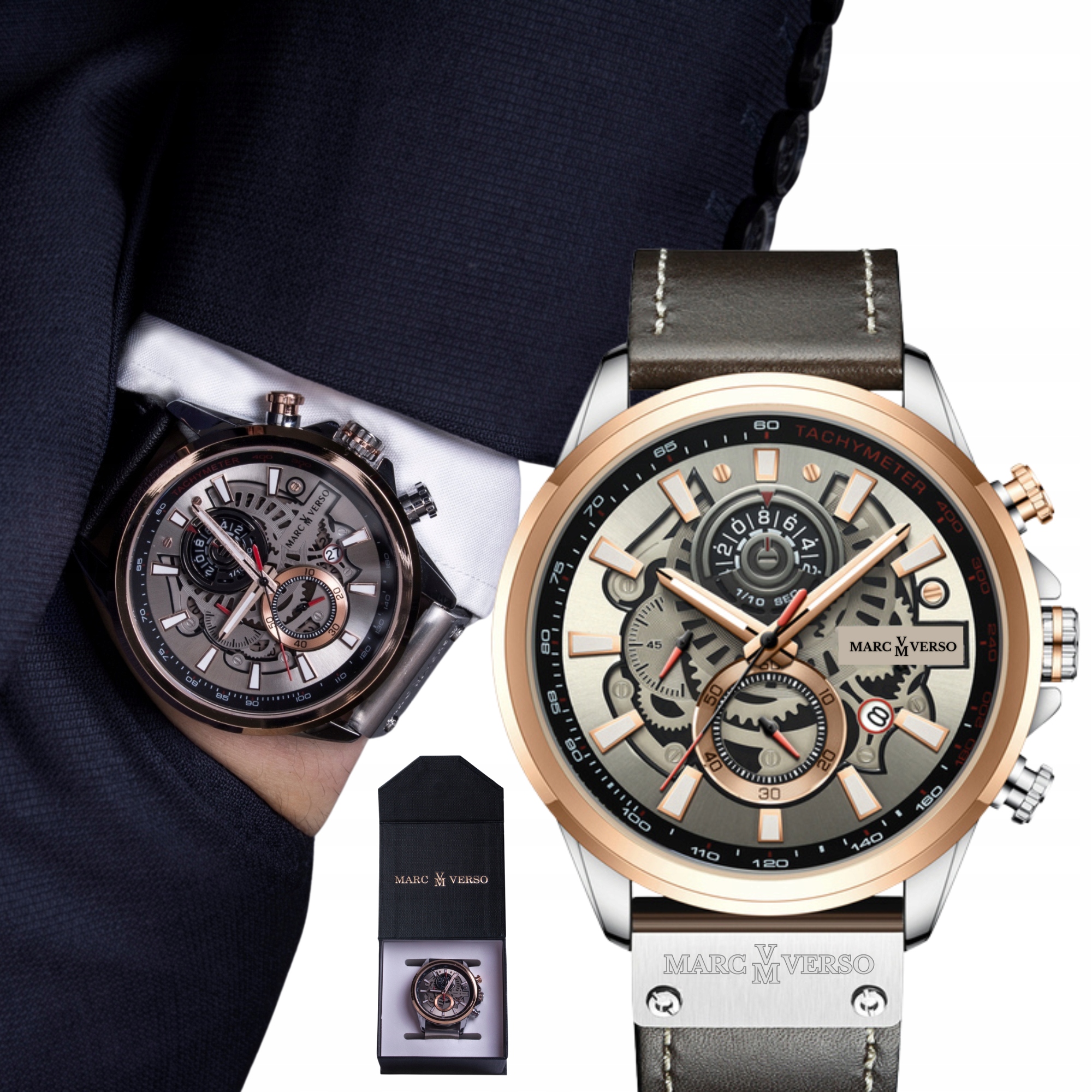 Pánské Hodinky Elegantní Marc Verso Kožený Řemínek Stopky Quartzový Strojek