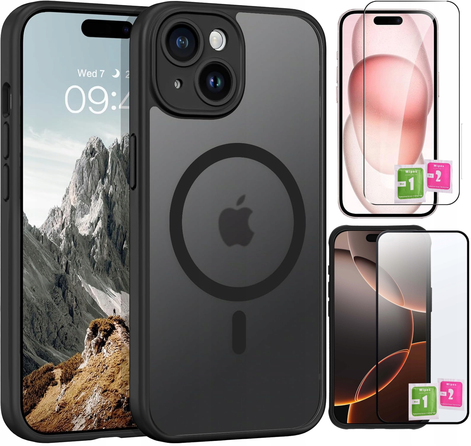 Etui Do iPhone 13 14 Do Magsafe, Czarne Matowe, Wzmacniane 2x Szkło 9H