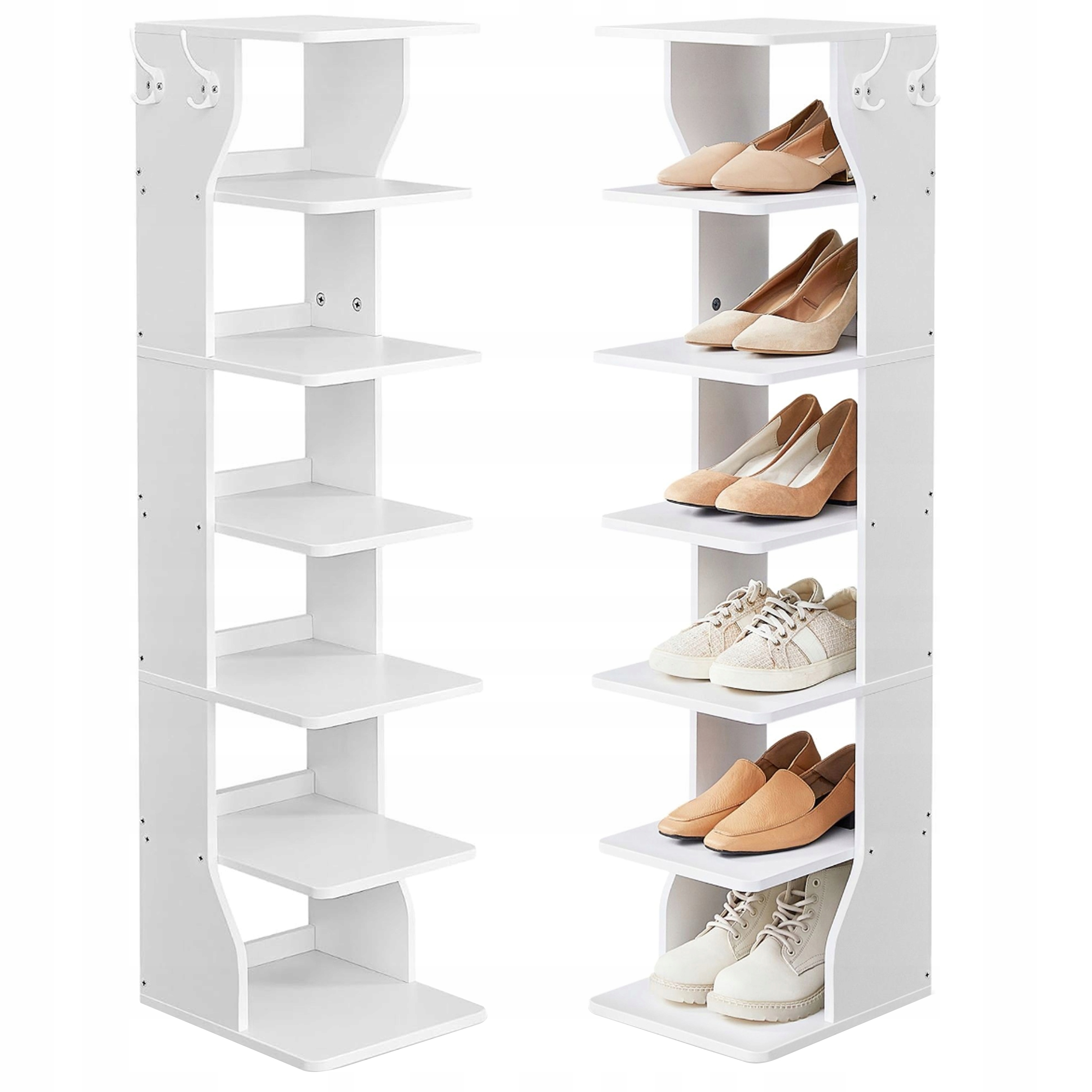 Praktická bílá úzká botník se 6 polic a 2 bočními háčky na klíče, styl Loft