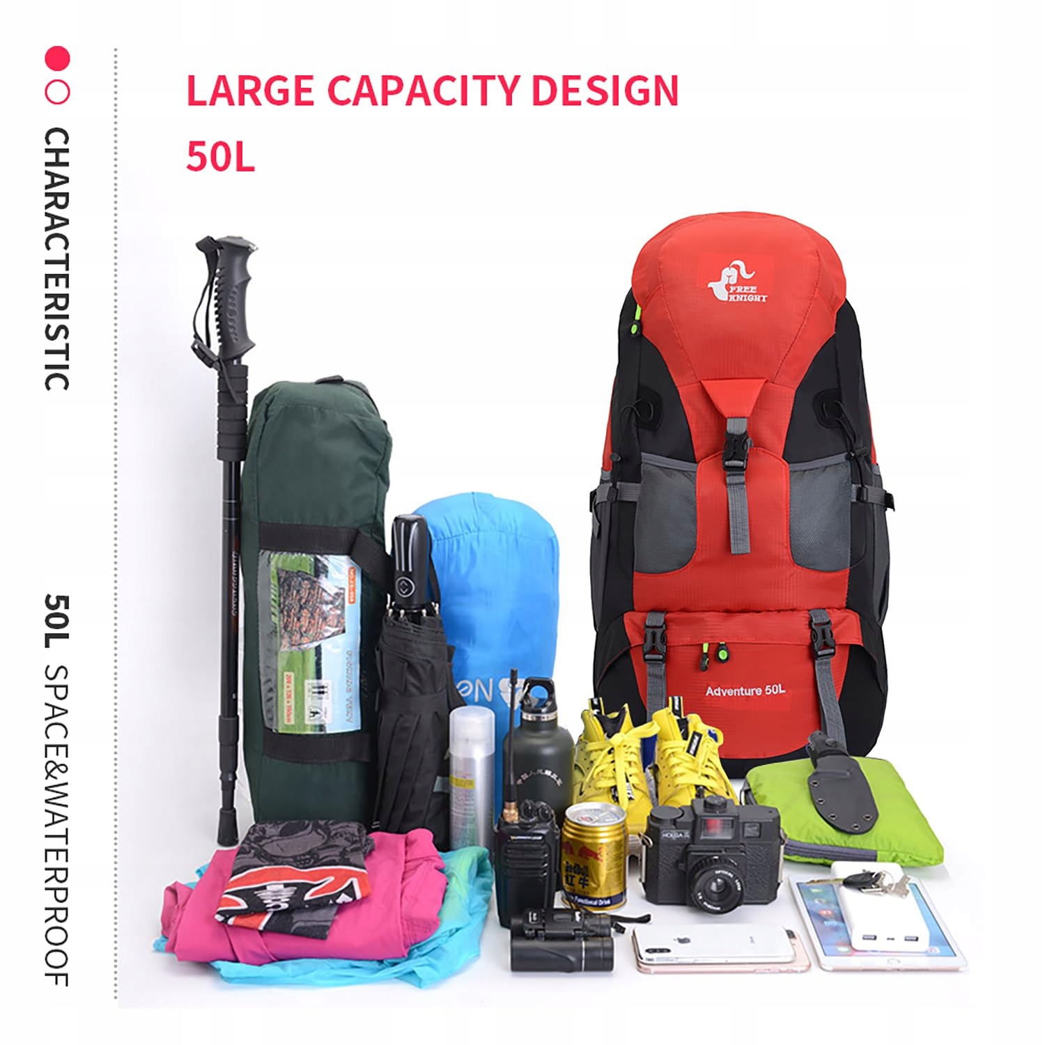BSEASH 50L Lekki Wodoodporny Plecak Turystyczny Outdoor Czerwony — miniatura 9