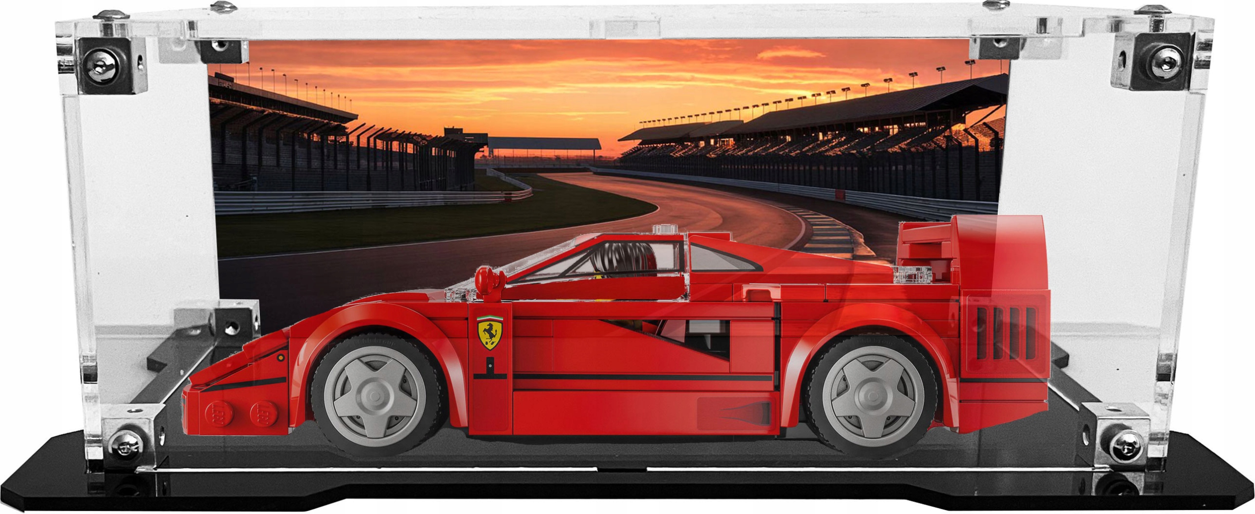 Vitrína s černým podstavcem a pozadím pro sadu Lego 76934 Ferrari F40