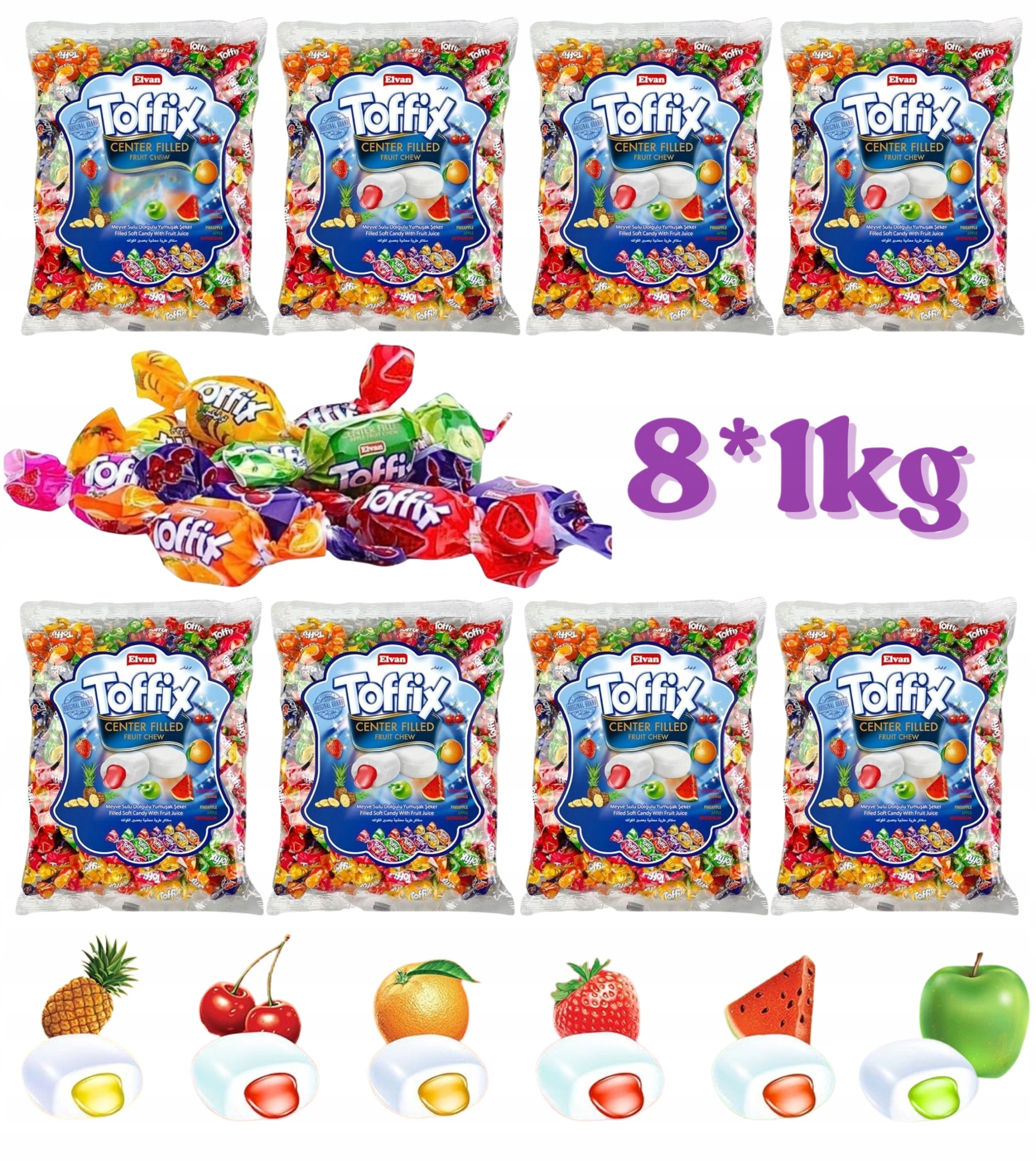 8x Toffix Miękkie Cukierki rozpuszczalne z nadzieniem owocowym 1kg Elvan