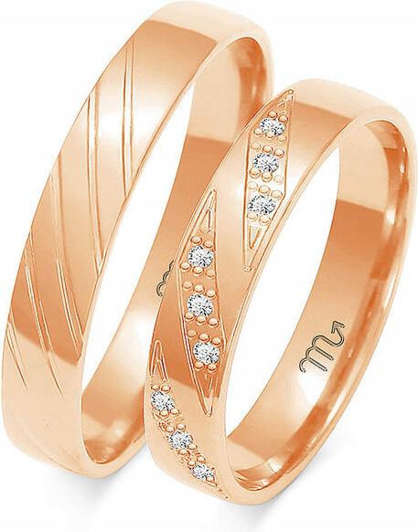 Růžově zlatý snubní prsten 585, moderní, vel. 14 15 16, jedinečný vzor gravírování 14kt