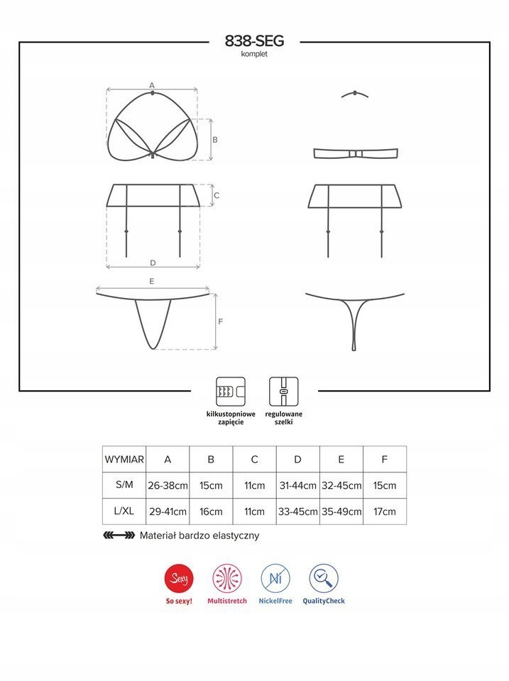 EROTYCZNY ZESTAW BIELIZNY OBSESSIVE 838-SEG-3 L/XL Płeć kobieta