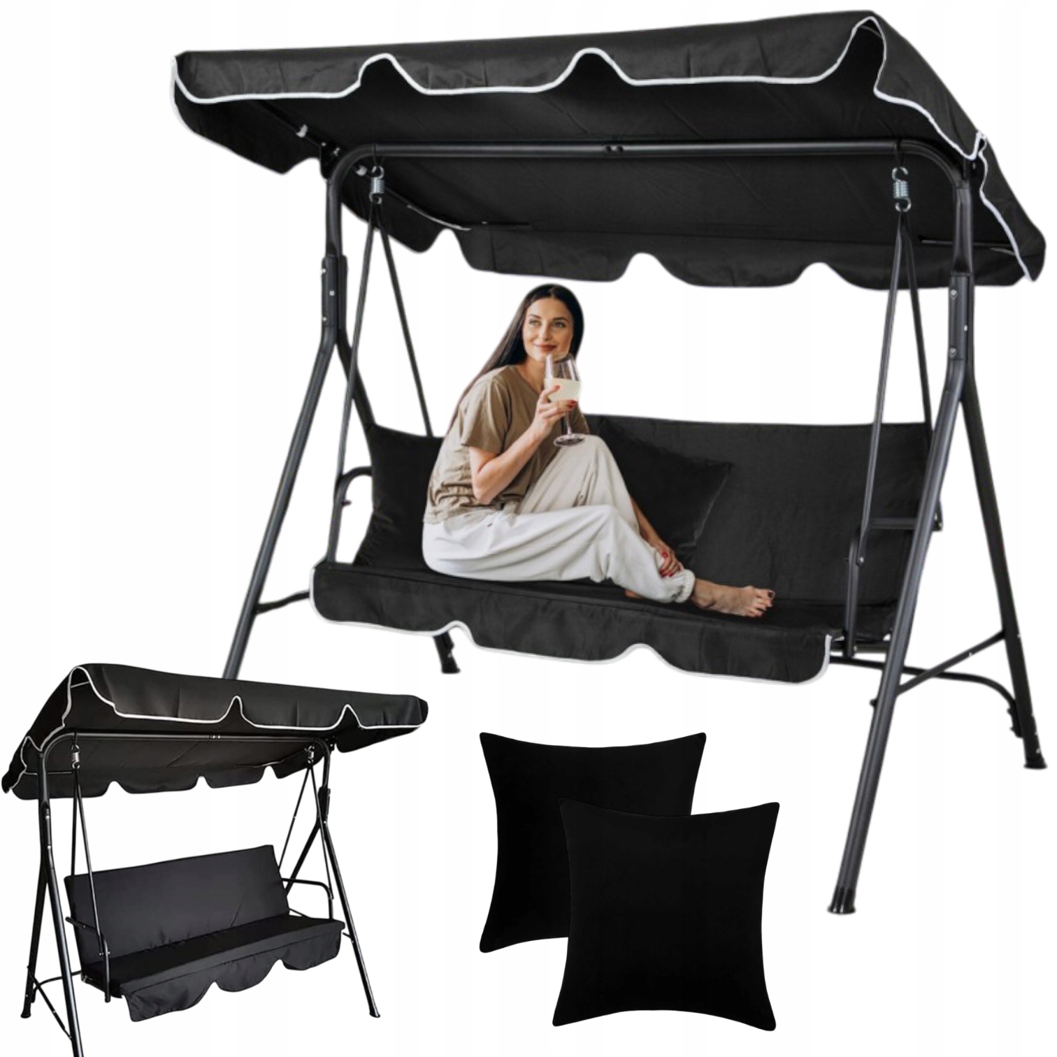 Huśtawka Ogrodowa Bujana Czarna 3 Osobowa Wolnostojąca Poduszki