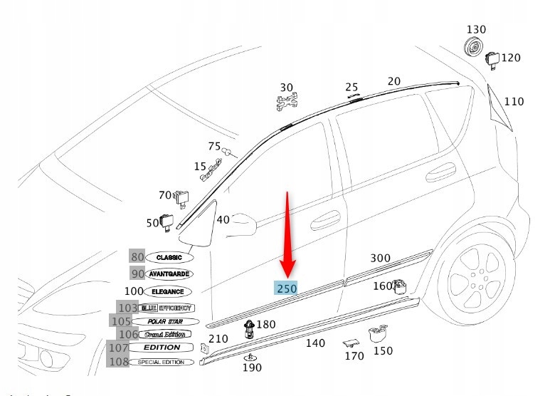 Chromovaná Boční Lišta Mercedes A Třída W169 Přední P