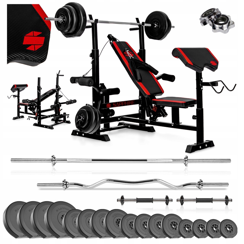 Siłownia zestaw Kulturystyczny Sapphire 128kg Ławka gryf Obciążenia hantle