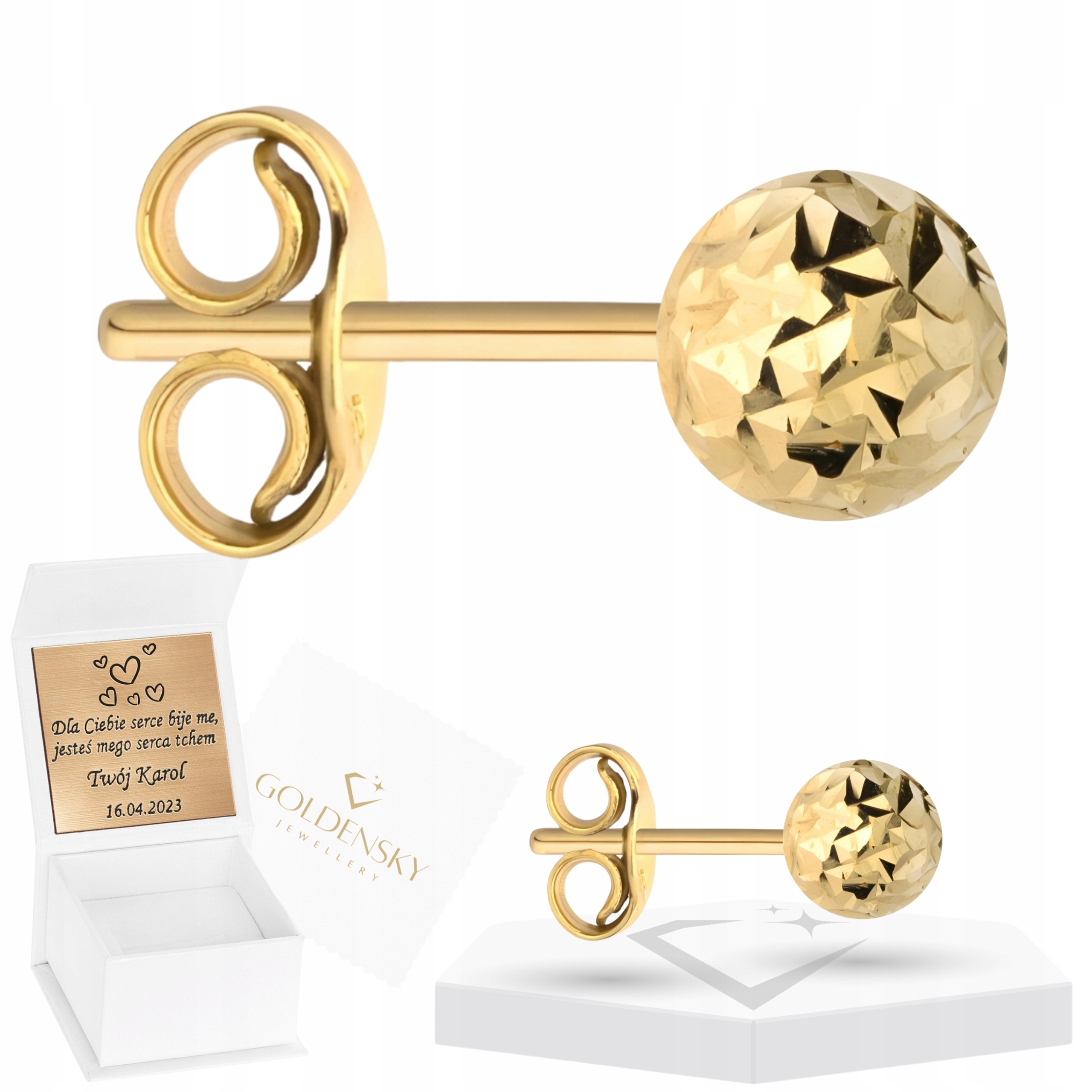 Złoty kolczyk Kulka Diamentowana 3mm 333 Grawer