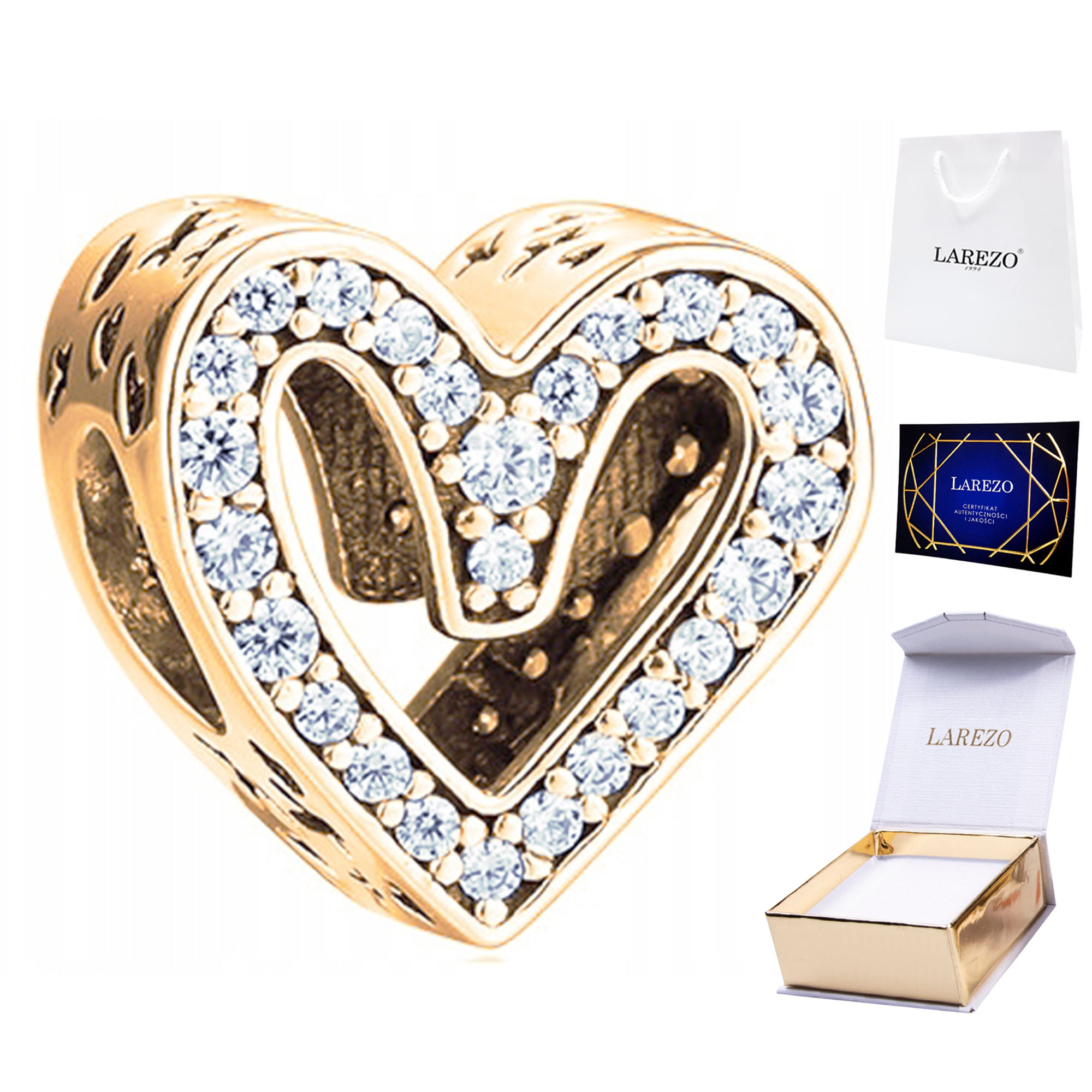 Zlatý přívěsek Charms Ažurové Srdce se Zirkony Srdíčko Love Láska Stříbro 925