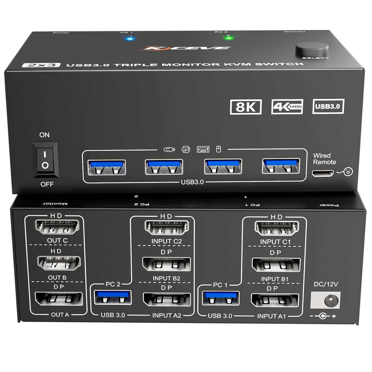 Přepínač Kvm 2 Pc 3 Monitory 8k Hdmi 2.1 2x Dp 1.4 Usb 3.0 KVM203DH2
