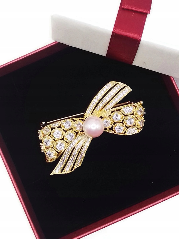 Luxusní Brož Mastličkou, Zlato, Perla, Mašle 14K Gp Dárek Krabička