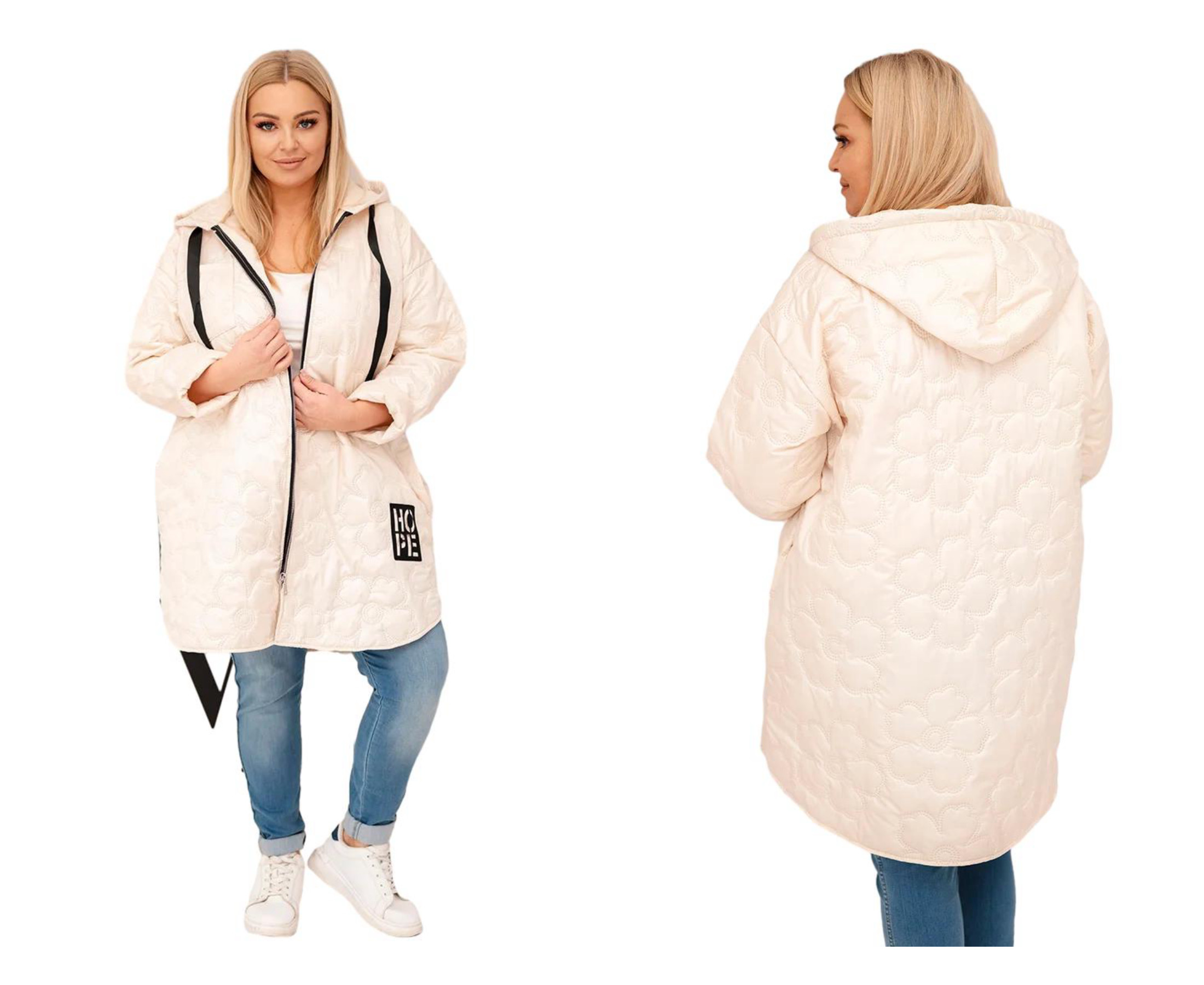 Dámská plus size prošívaná dlouhá bunda s kapucí, přechodová, světle béžová
