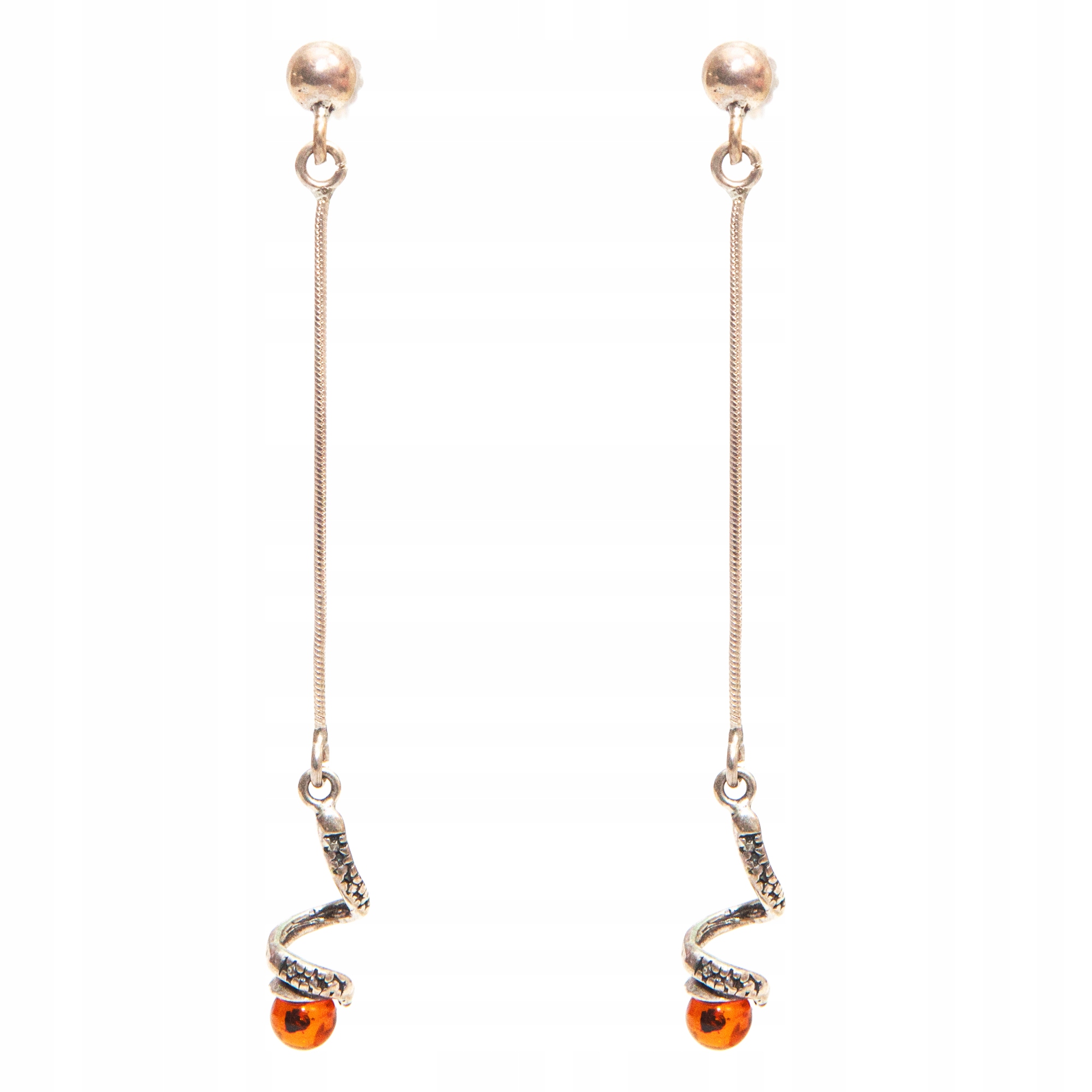 Stříbrné náušnice s jantarem dlouhé závěsné spirálky stříbro 925 kulička