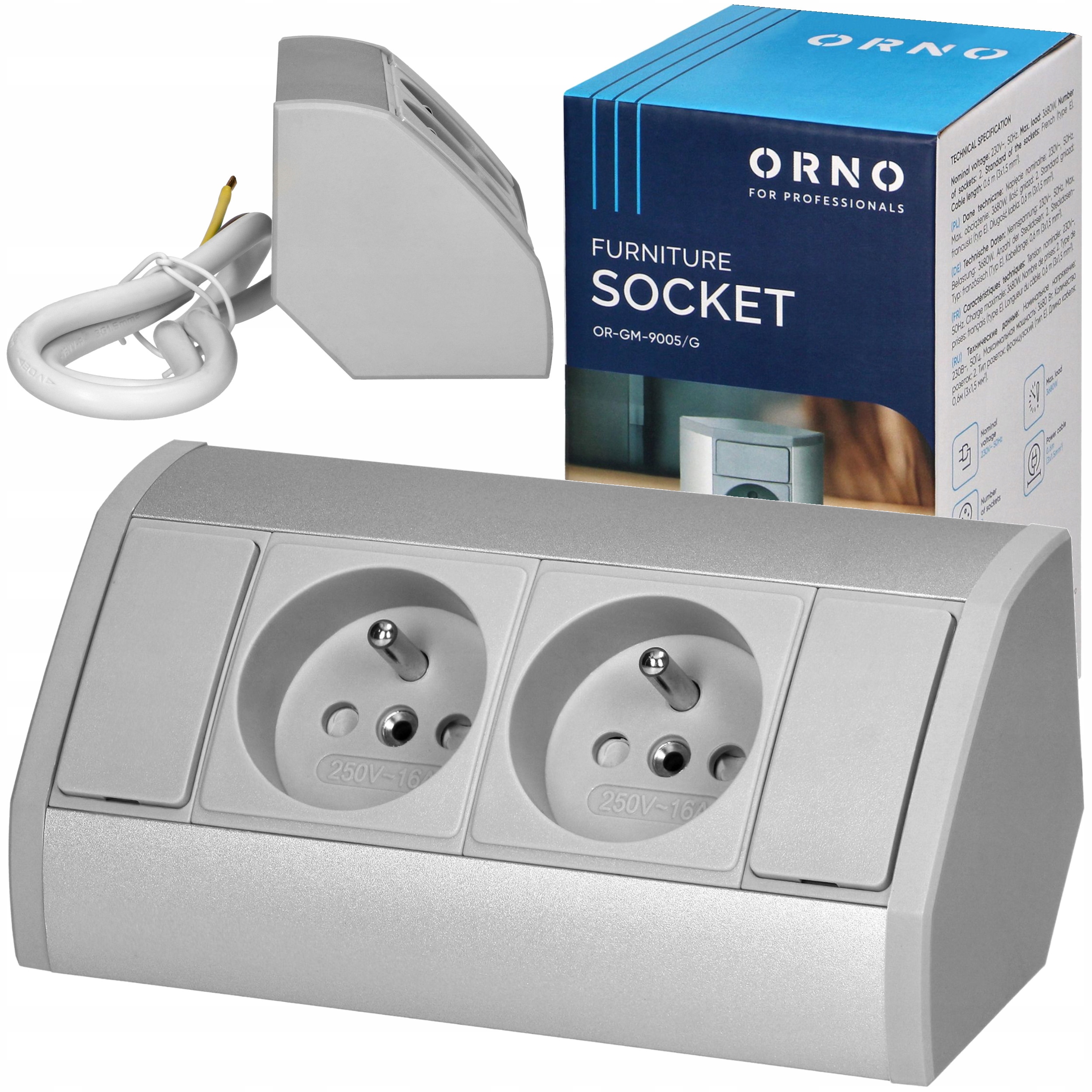 Gniazdo Meblowe Podwójne 230V Kuchenne Podszafkowe Narożne Z Kablem Szare