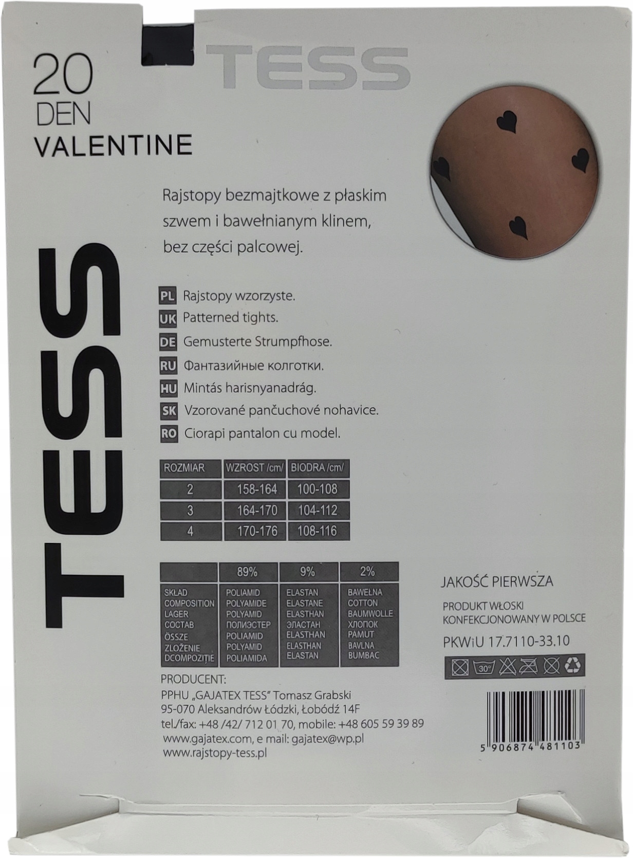 Rajstopy wzorzyste serduszka serca TESS VALENTINE Wykończenie matowe