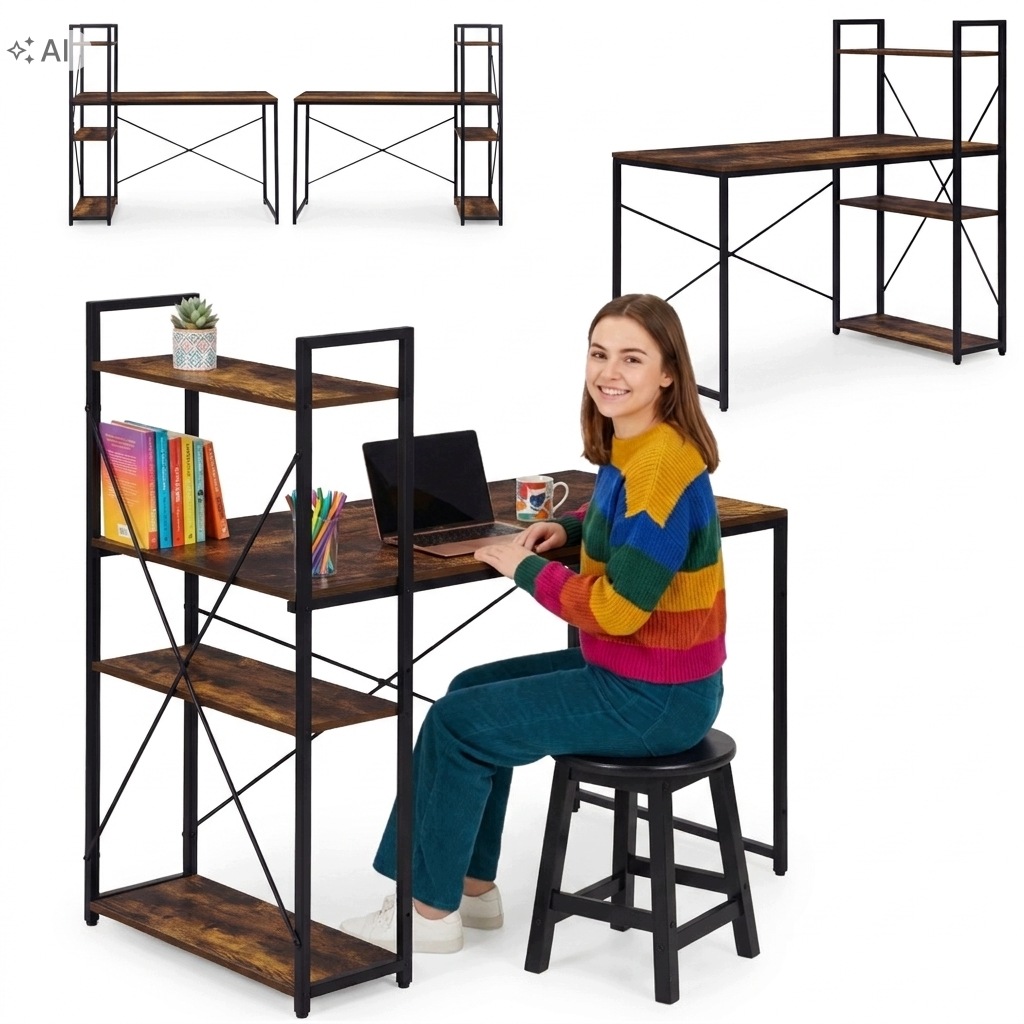Biurko Komputerowe Szkolne 120x60cm Z Regałem Pod Laptopa Półki Loft Brąz