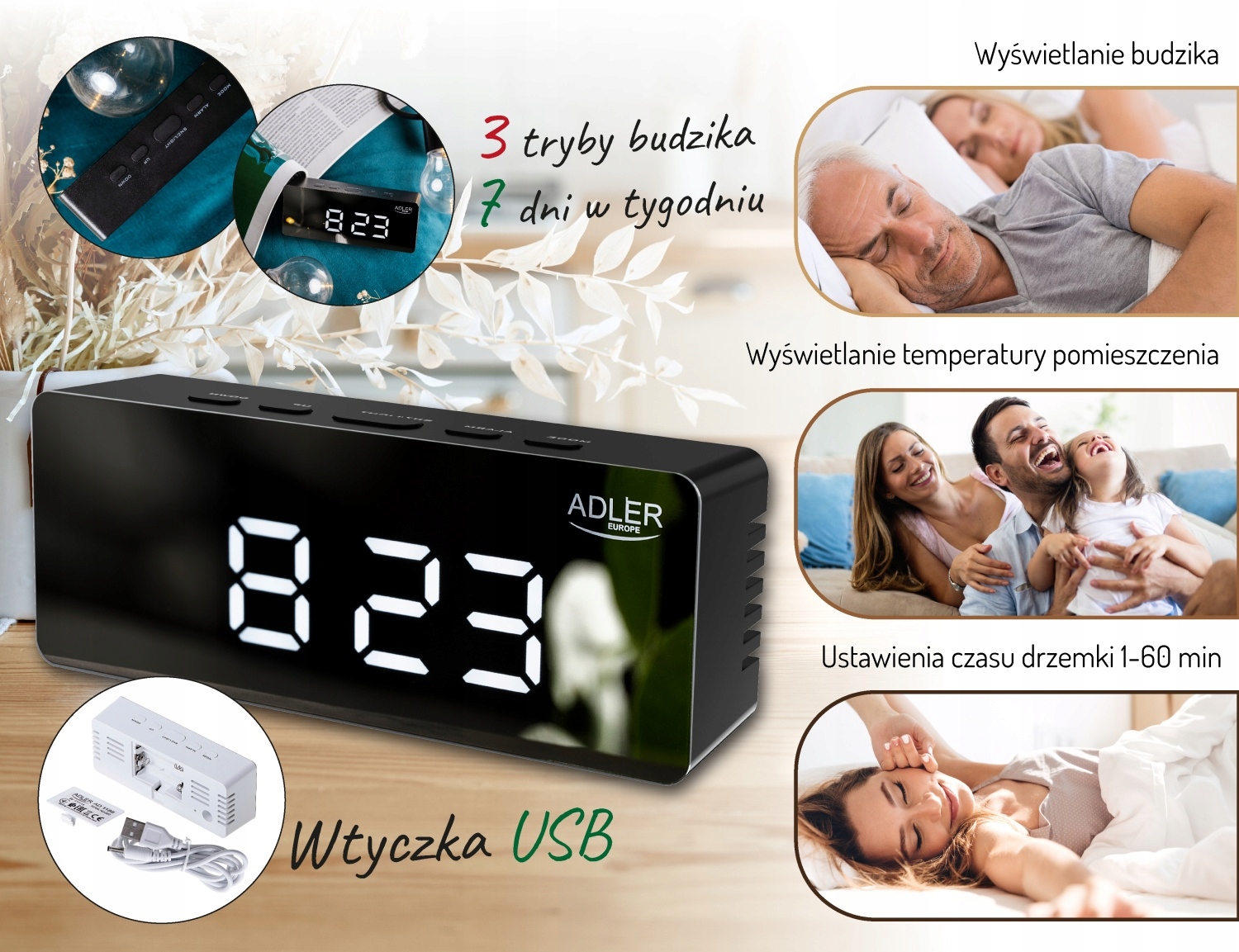 Budzik AD 1189 Black z Wyświetlaczem Temperatury i 3 Trybami Alarmu