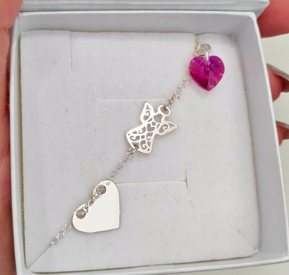 BRANSOLETKA SREBRNA ANIOŁEK AŻUROWY I SERCE SWAROVSKI GRAWER KOMUNIA Marka EArkadia