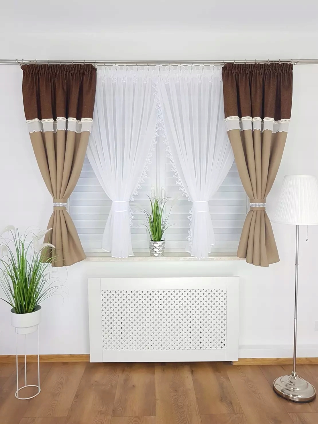 Gotowa Krótka Firana Zestaw Z Zasłonami Brąz Do Kuchni Do Salonu Na Taśmie