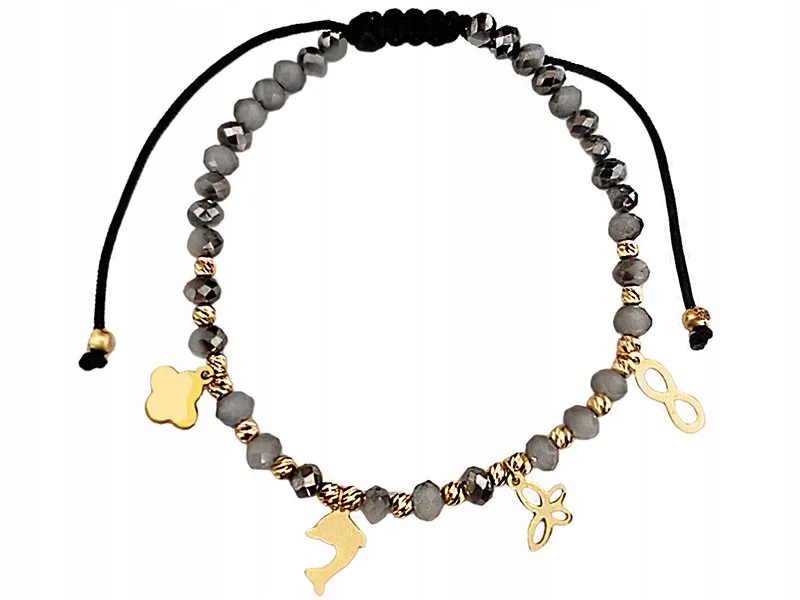 Zlatý provázkový náramek 585, černé kuličky, šedé kameny a přívěsky