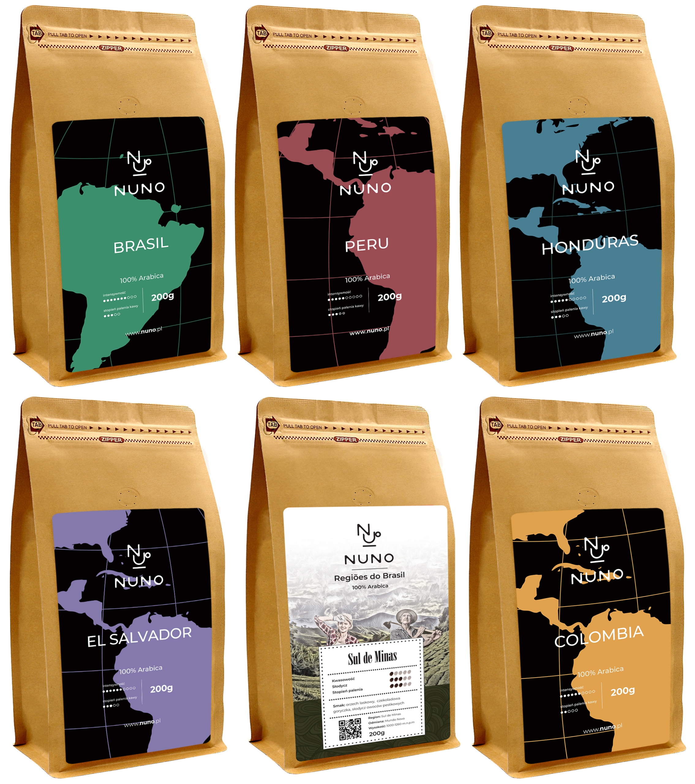 Levně Káva Zrnková Nuno Čerstvě Pražená 72H Od Pražení Sada 6X200g