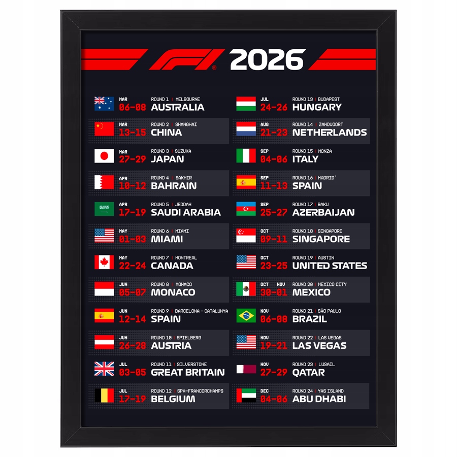 Kalendarz Formuła 1 sezon 2026 F1 obraz w ramce dla fana 70x50 cm