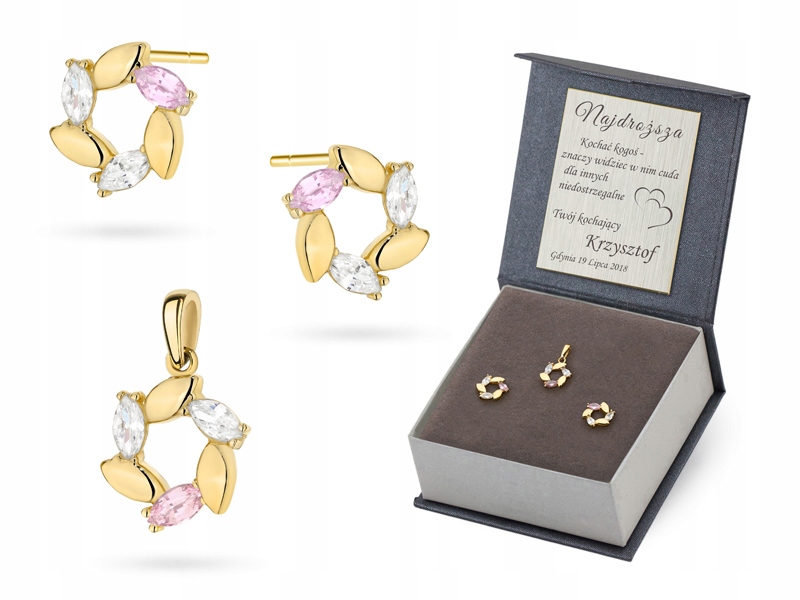 Zlatý Komplet pr. 585 Náušnice přívěsek Lístky Zirkony 14k