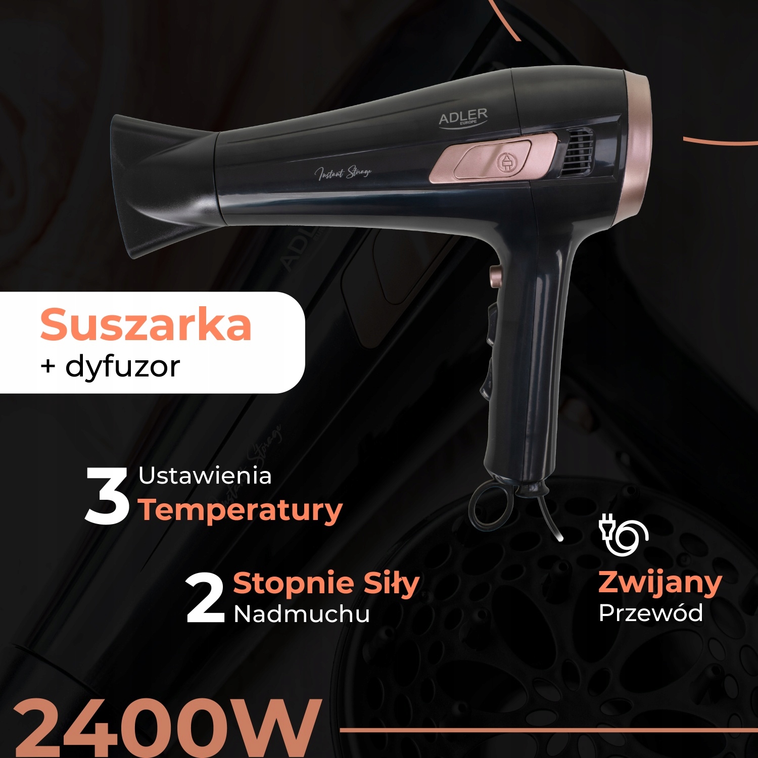 Suszarka AD 2283 2400W - Zwój Przewód, Dyfuzor, 3 Temp.