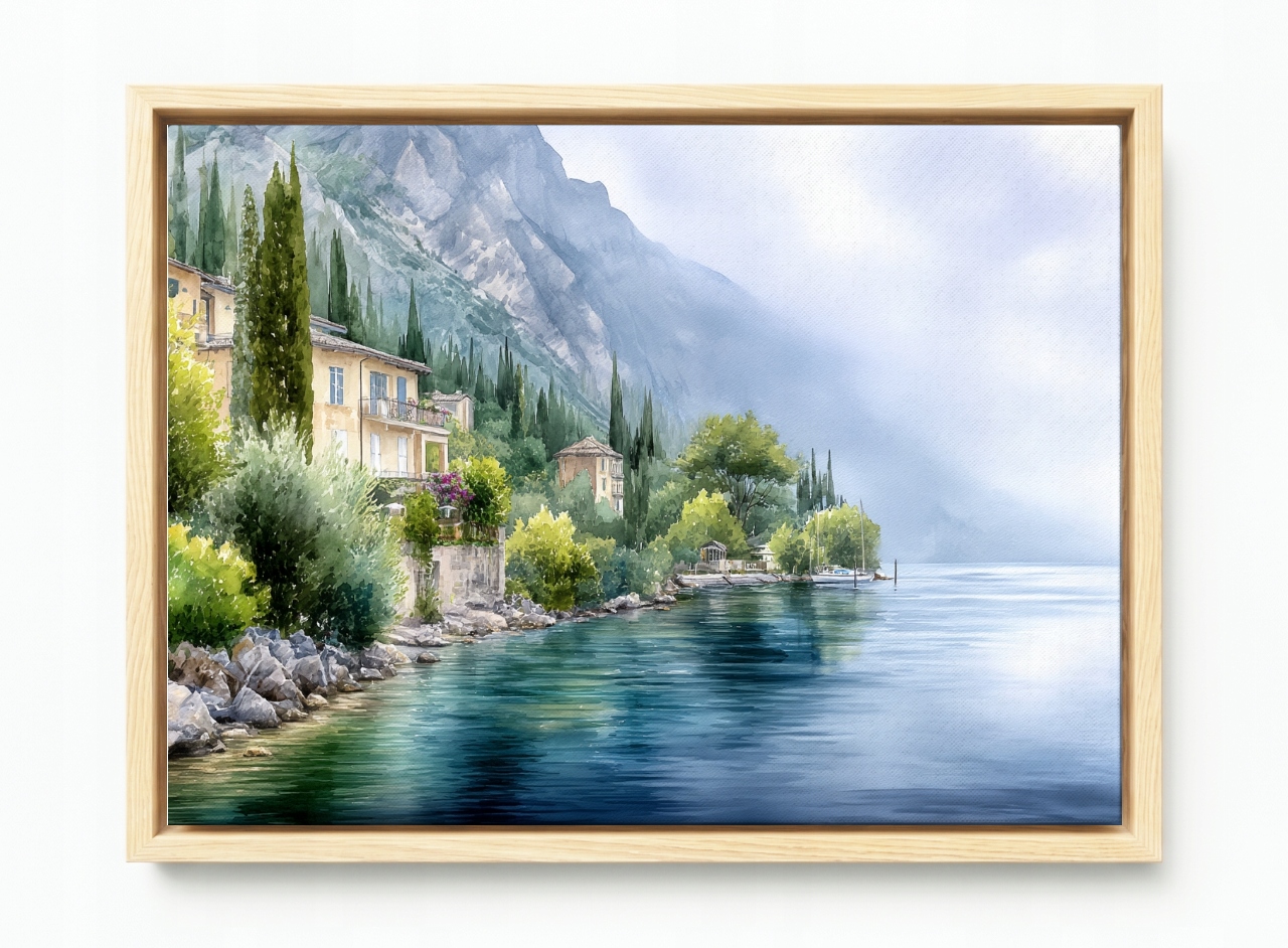 Obraz Rama American Box Itálie Jezero Como Akvarel Hory Cypřiš 60x40
