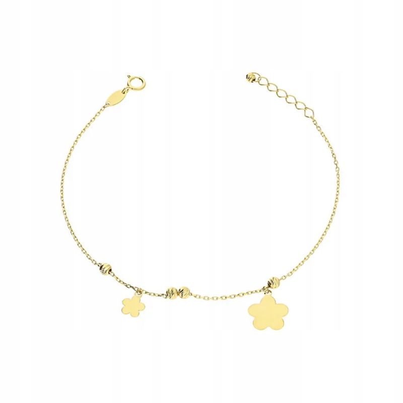 Zlatý náramek pro ženu 585 s gravírovanými kuličkami a čtyřlístky