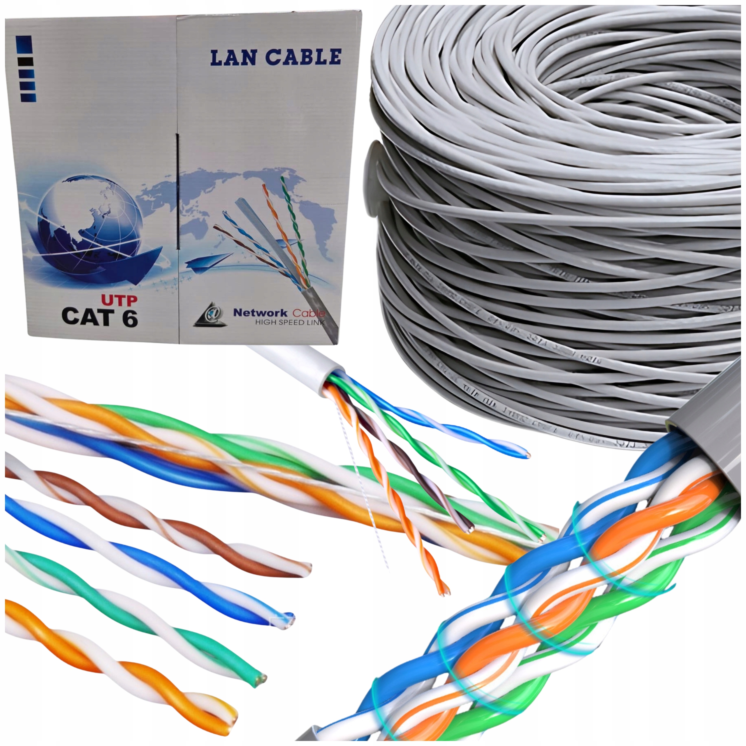 Kabel Sieciowy Skrętka Lan kat. 6 Utp 305m Cca Kategoria 6 Przewód RJ45